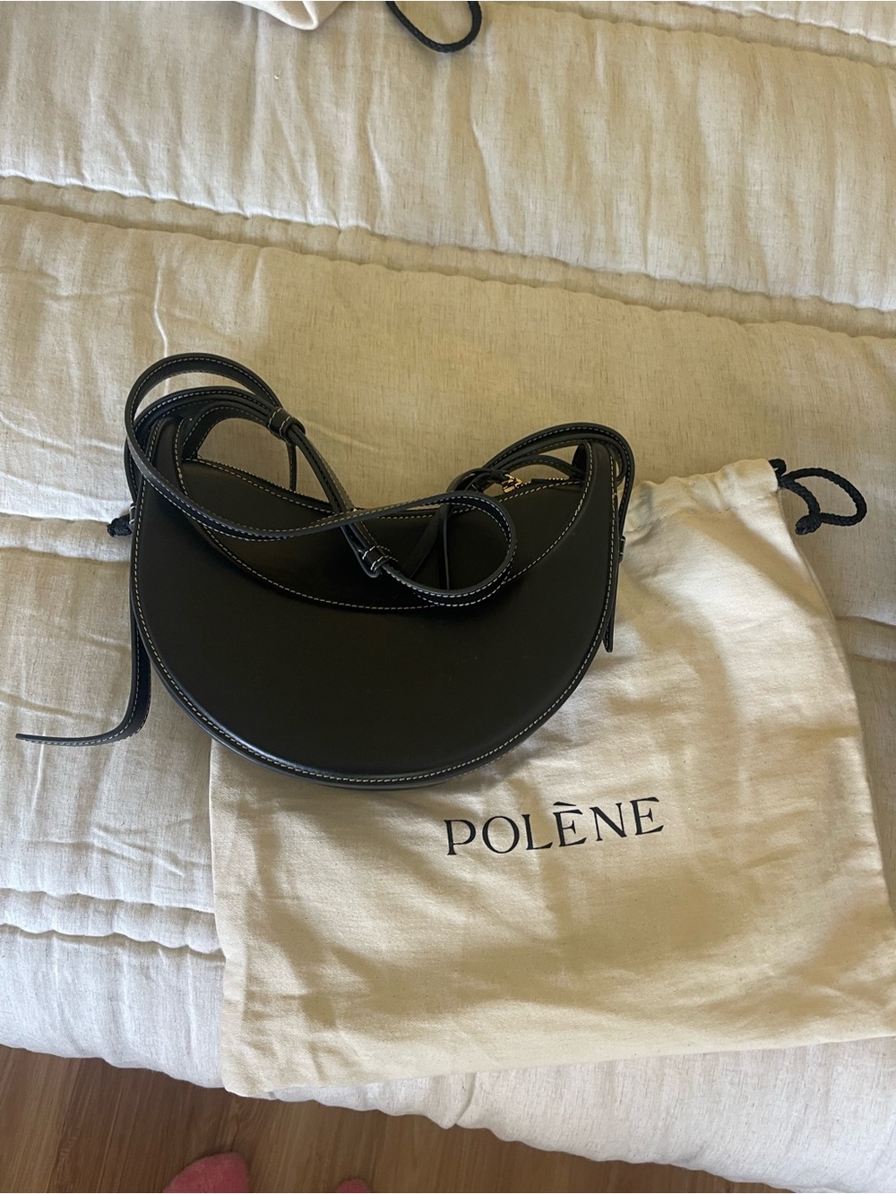 Polène Black Crescent Crossbody in Smooth Leather